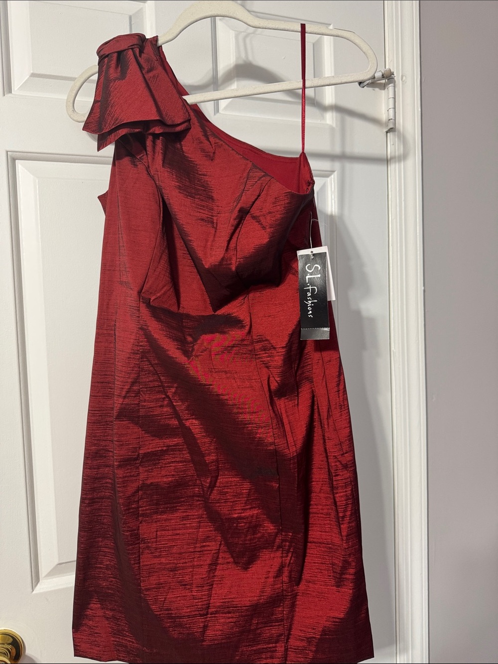 SL Fashions One-Shoulder Burgundy Red Ruffled Cocktail Dress